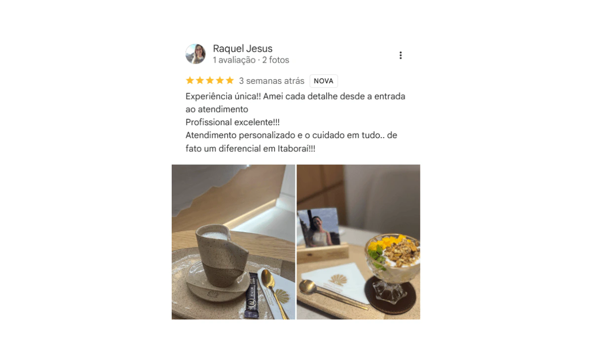 Avaliação cinco estrelas no Google de paciente da Prestige Clinique, dermatologia em Itaboraí
